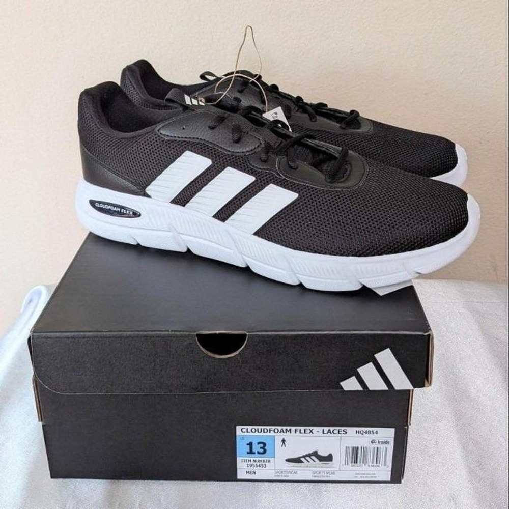 New Adidas Men's Cloudfoam Flex Sneaker Shoes Wide Fit Black White Size 13